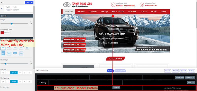 Chỉnh sửa Header Bottom