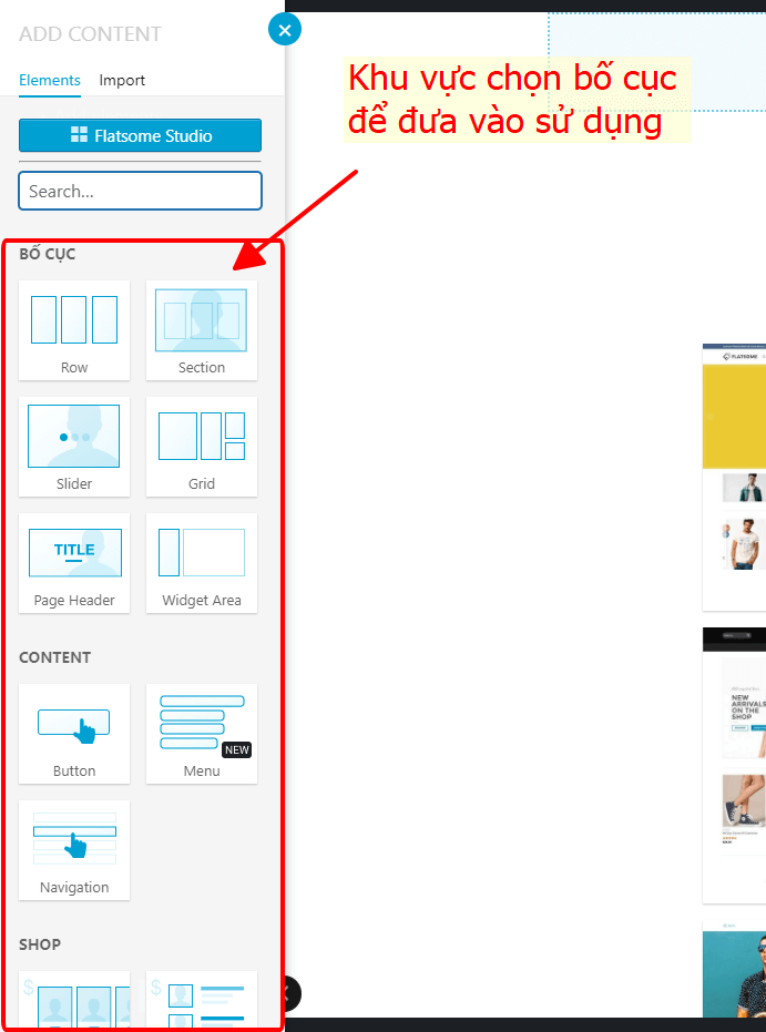 Chọn element đưa vào UX Builder