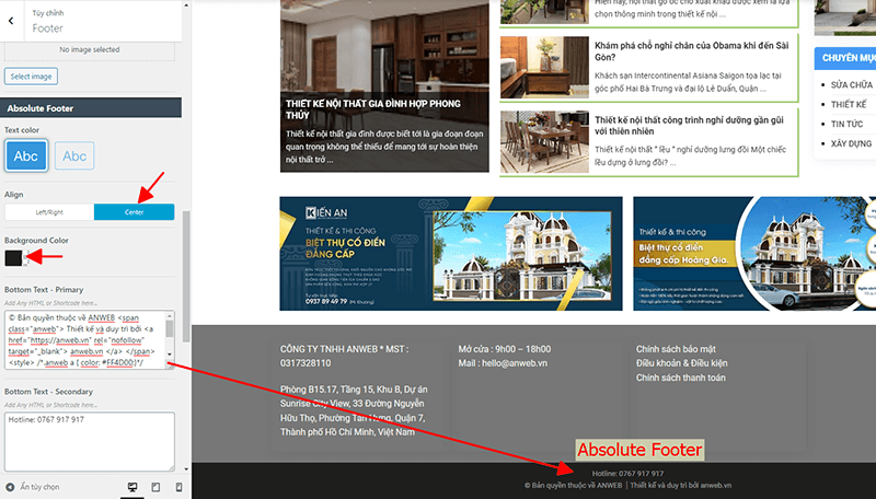 Chỉnh sửa Absolute Footer