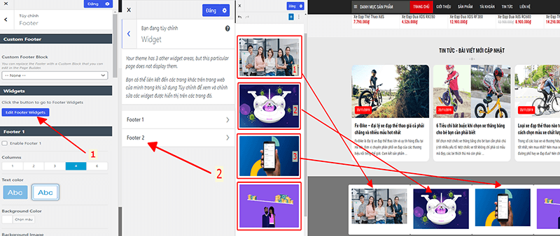 Chỉnh sửa cột ở Footer