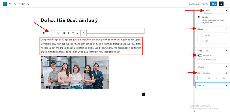 Sửa kích cỡ, viết hoa của bài viết