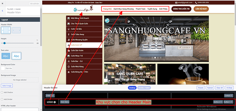 Sửa nội dung cho Header Main