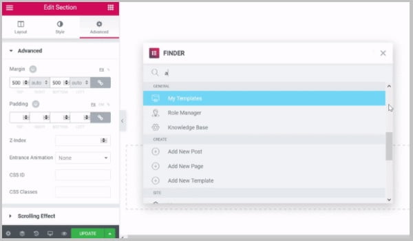 tính năng finder trong editor của elementor